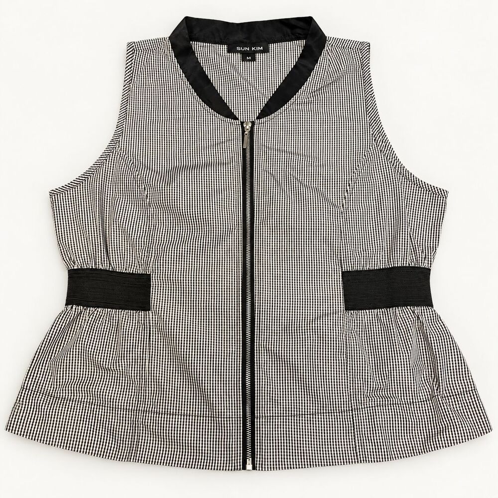 Sun Kim Gingham Full Zip Vest M Black White Side Elastic Made USA
